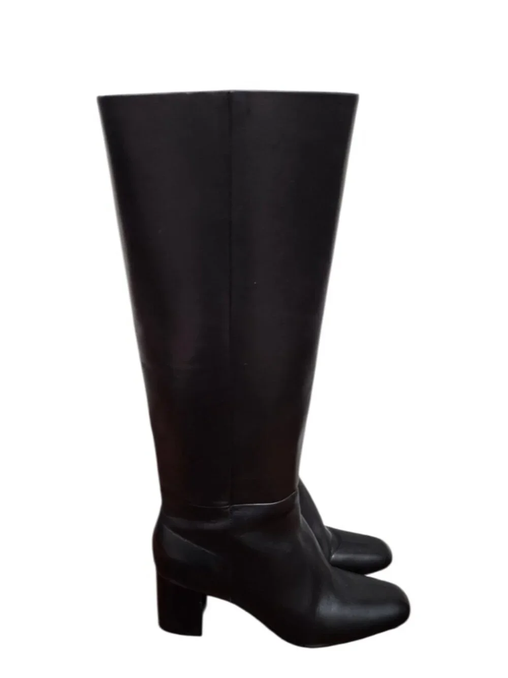 Paige Black Leather Knee High Boots Block Heel Minimalist Tall Zip Riding Boots